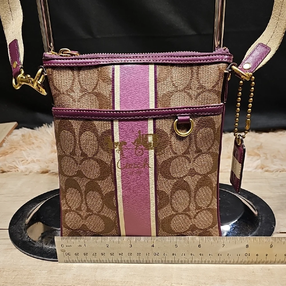 Coach Brown Signature Crossbody with Purple Stripe & Gold Hardware